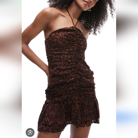 TOPSHOP New Leopard Flutter Halterneck Mini Dress L ANIMAL PRINT Lagenlook Y2k - Picture 1 of 11